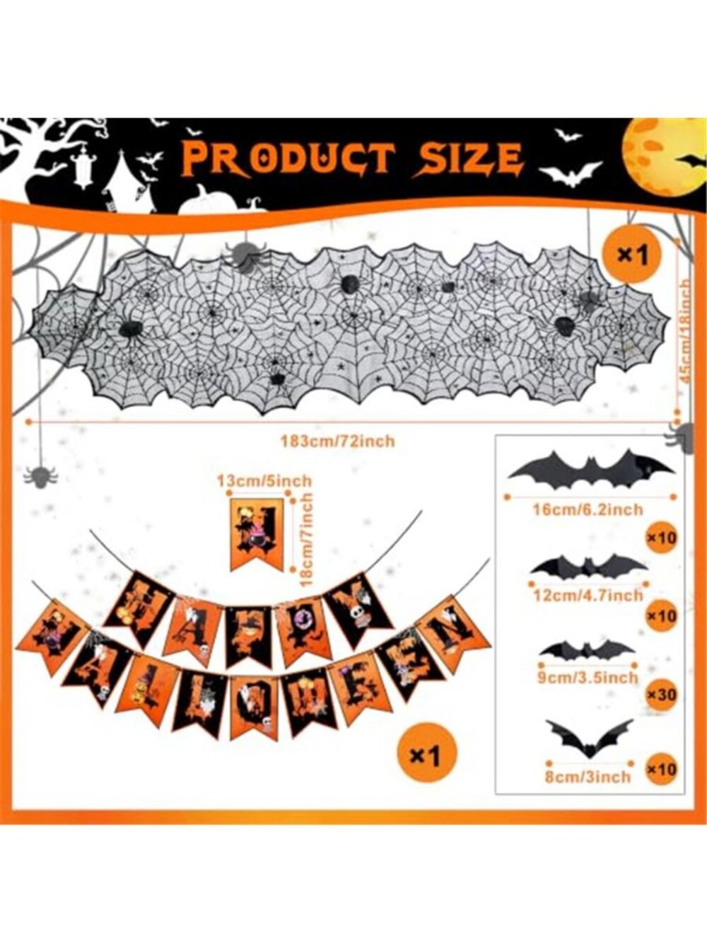 Halloween Table Runner 18 x 72 Inch Happy Halloween Banner 60pcs 3D Bats - Picture 3 of 7